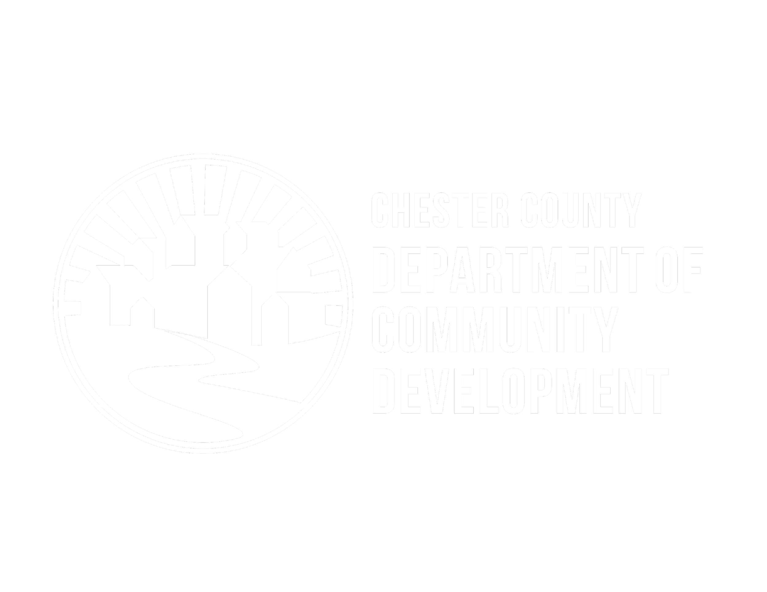 Logo of Chester County Department of Community Development featuring a black and white circular emblem with a stylized tree and winding path next to text listing the department's name.