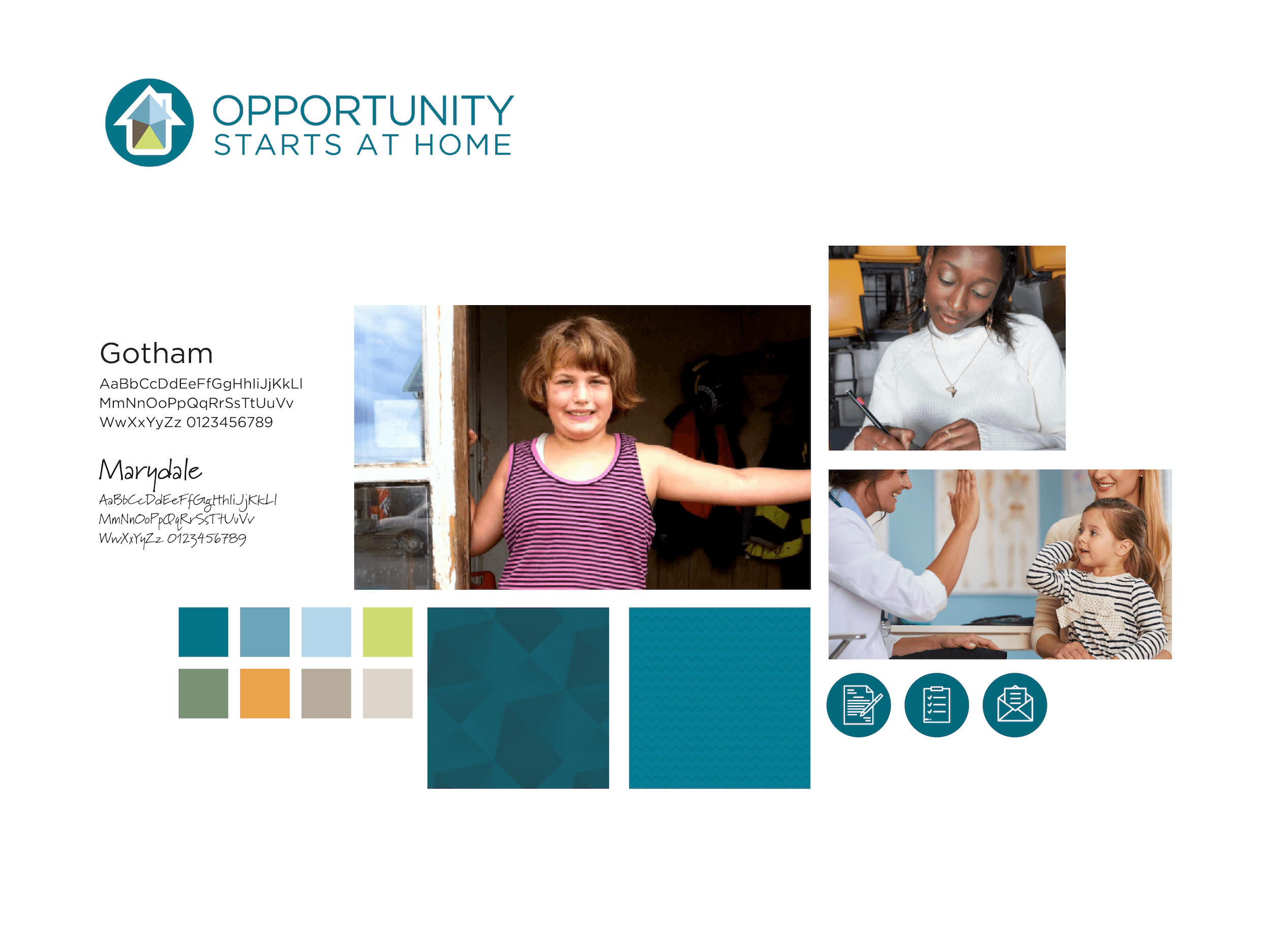 Colorado Coalition for the Homeless branding and website design board featuring color palette, typography, and photos of diverse individuals, including a child at home, a woman writing, and a caregiver with a child, representing inclusive marketing a