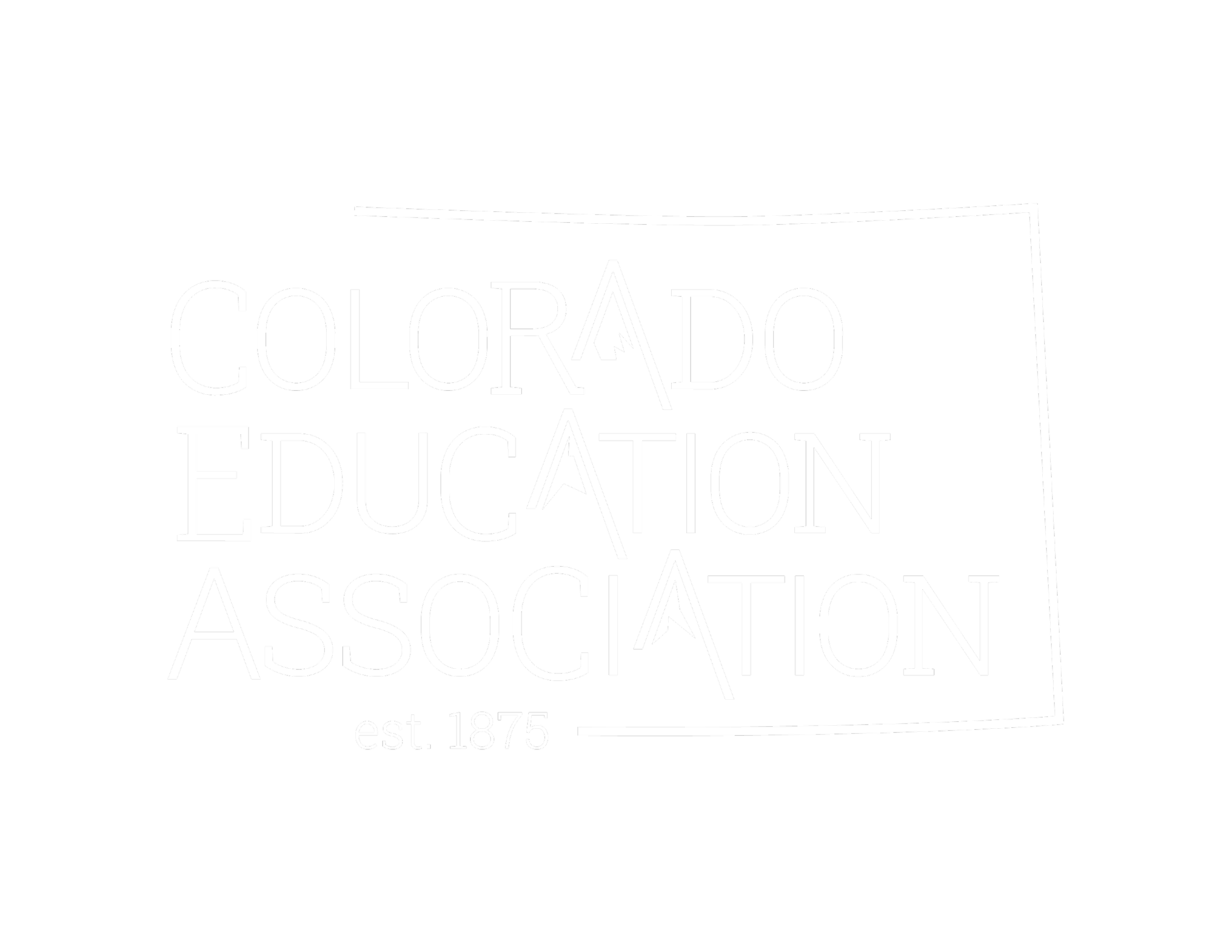Black logo of Colorado Education Association with white text, featuring stylized letters 'A' that resemble pencils, and a thin white border around the logo, with 'est. 1875' at the bottom.