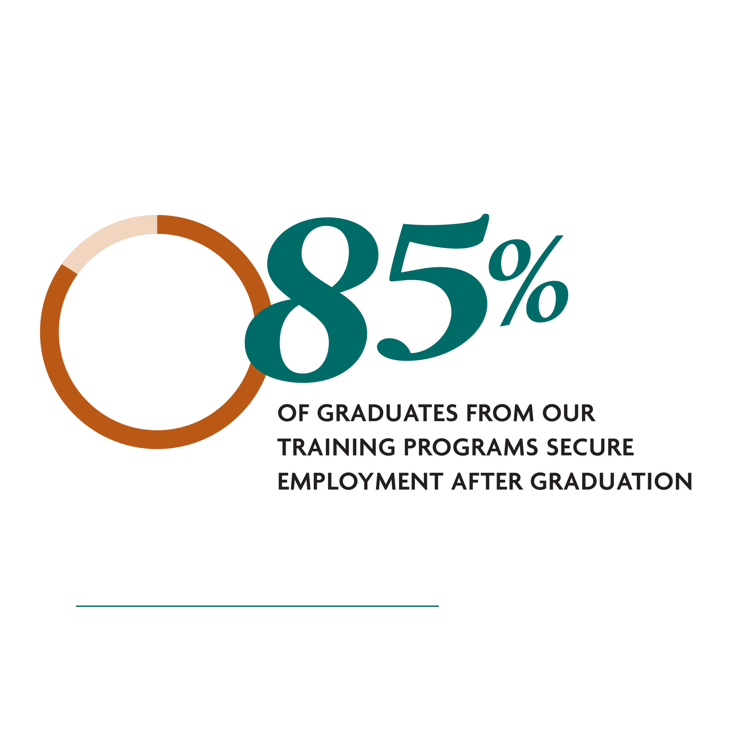 Graphic showing 85 percent of graduates from workforce training programs secure employment, highlighting outcomes of a nonprofit social enterprise and job training initiative.