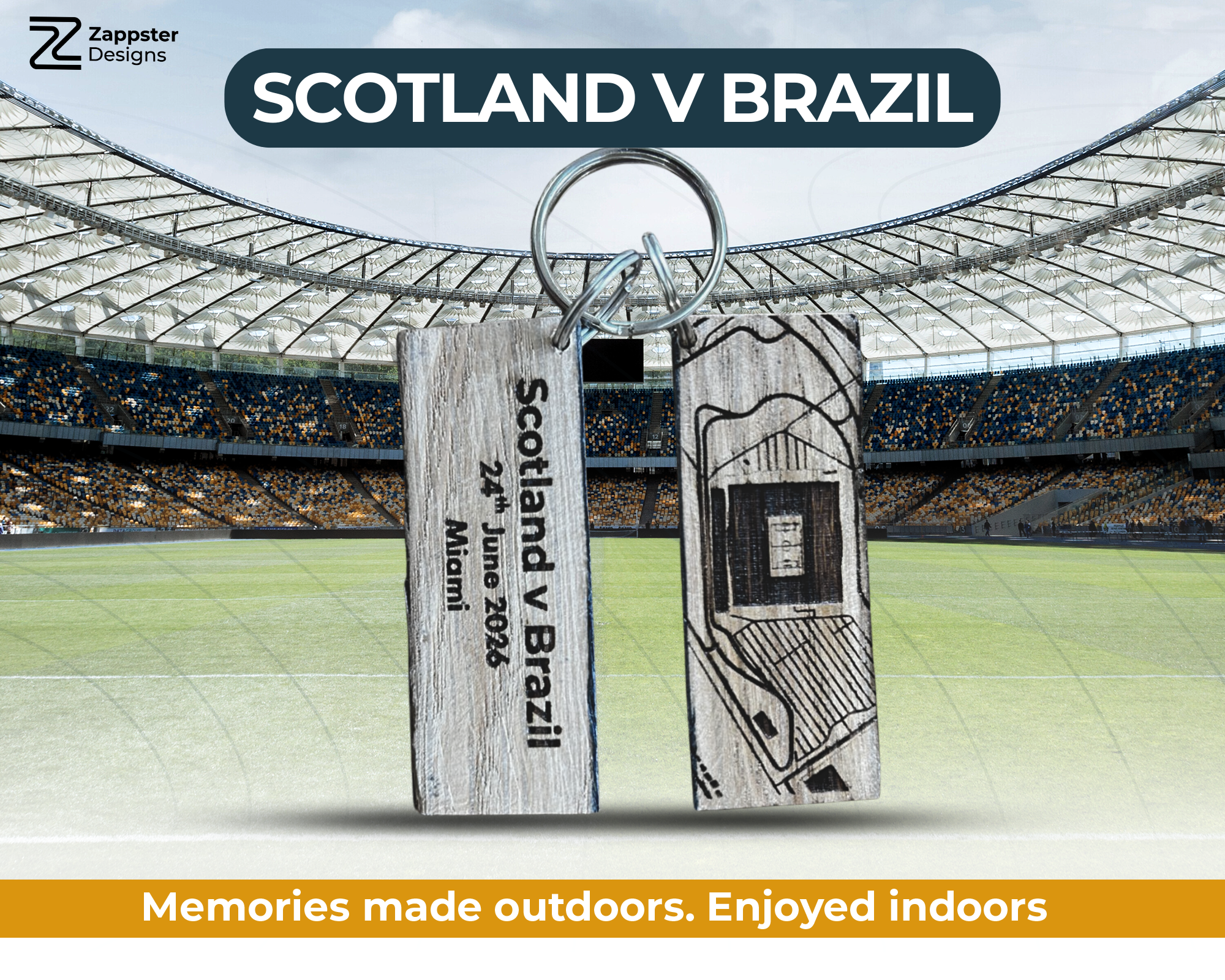 Scotland V Brazil. Custom Whisky Oak Stadium Keyring, Reclaimed Scottish Cask Wood, Football Fan Gift