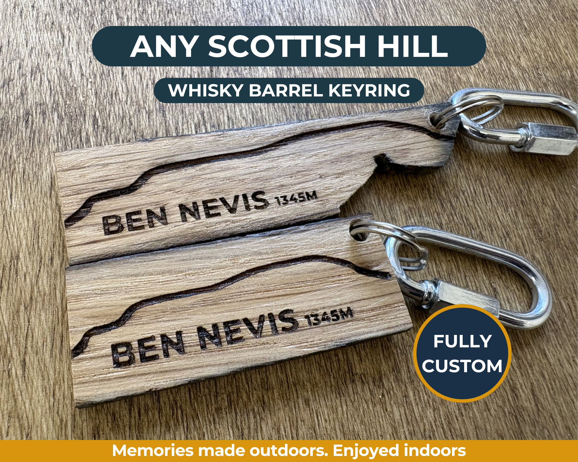 Custom Whisky Barrel Keyring – Scottish Munro Side Profile – Personalised Any Hill Silhouette