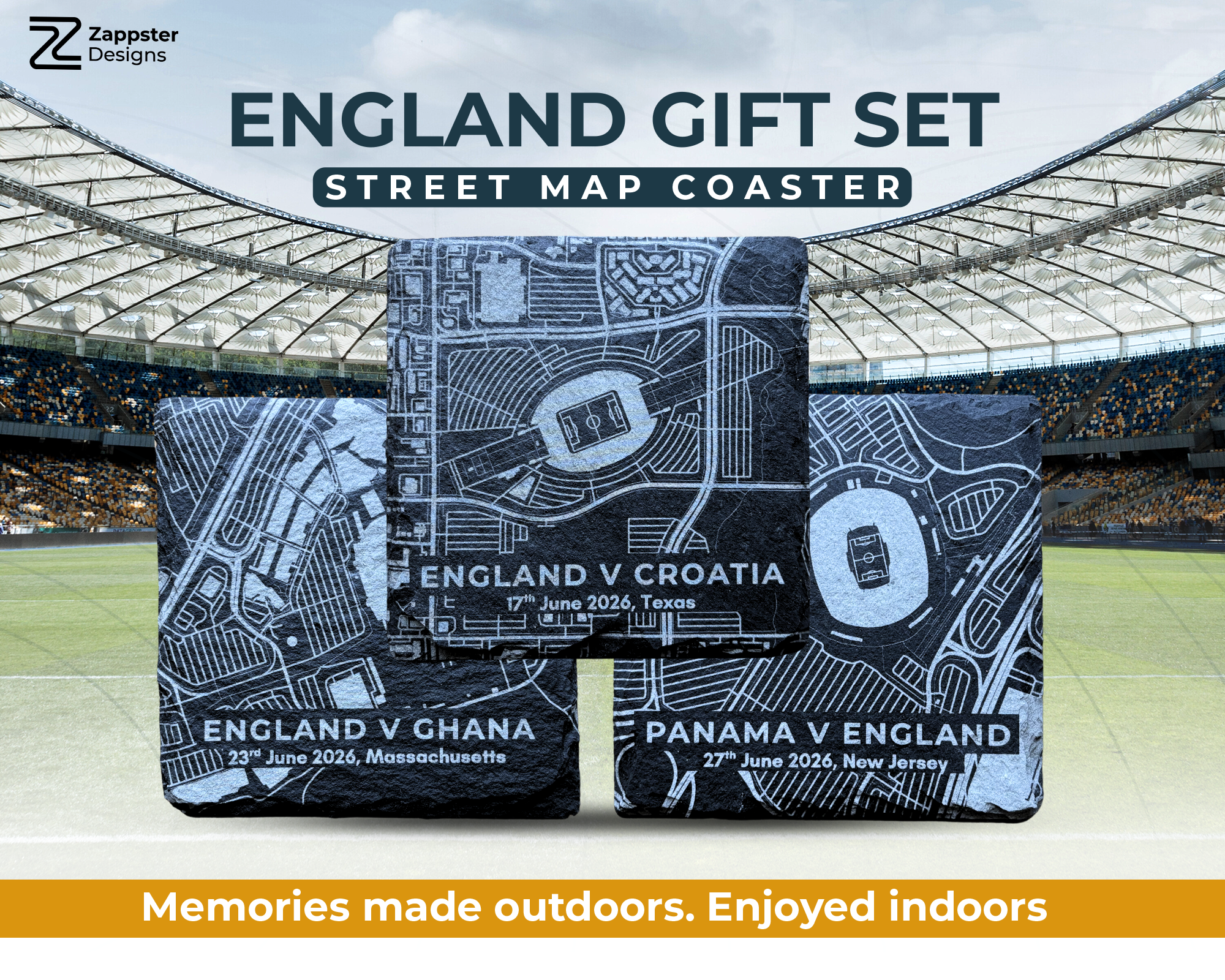 England World Tournament Gift, Set 3 Slate Coasters, Stadium Maps.