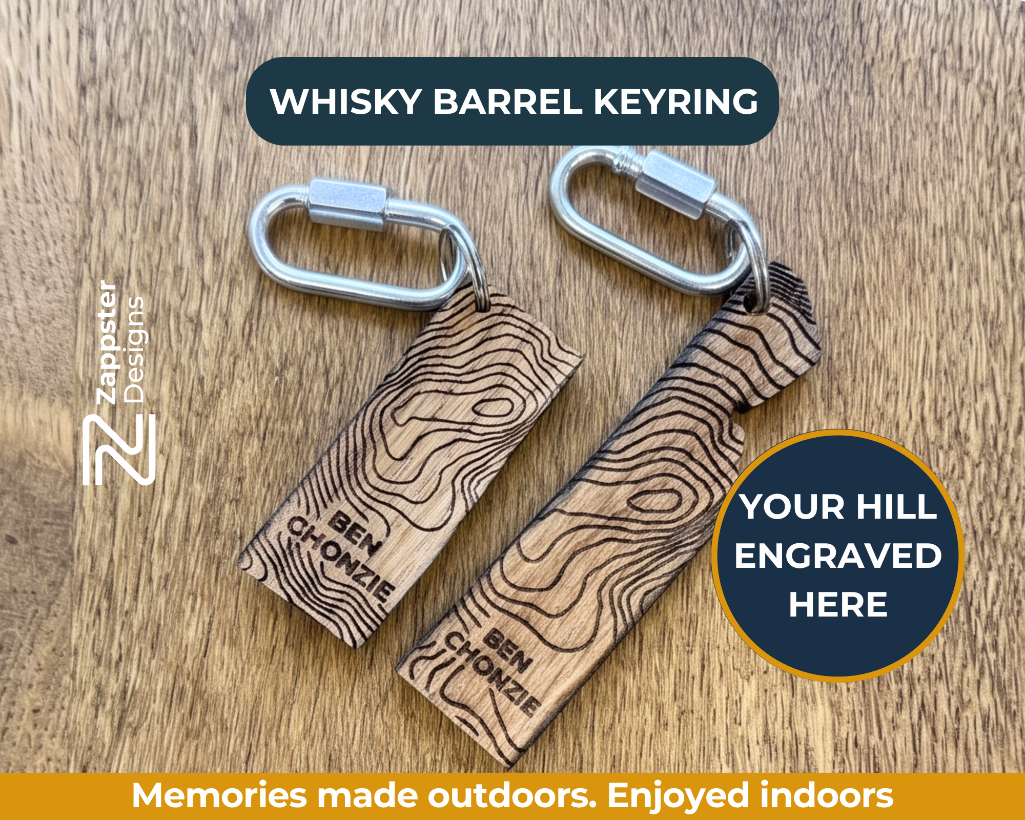 Personalised Whisky Stave Keyring | Laser Engraved Hill Contour | Scottish Munro Gift | Reclaimed Oak
