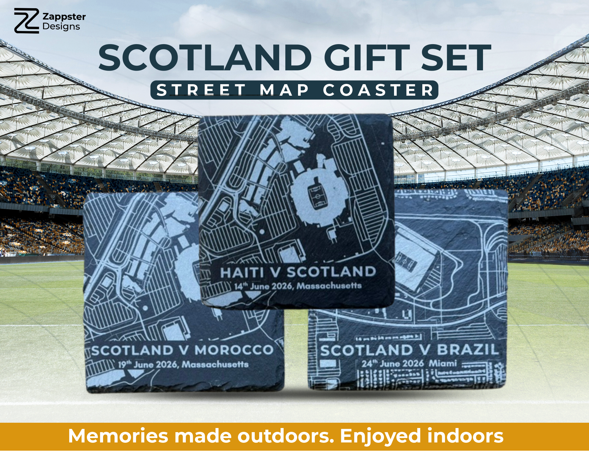 Scotland World Tournament Gift, Set 3 Slate Coasters Stadium Maps.