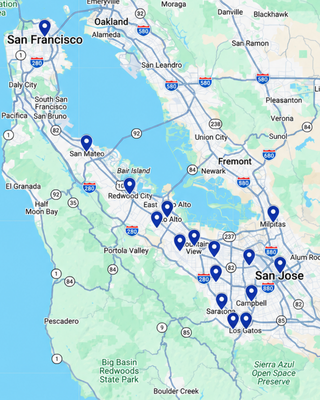 Map of the San Francisco Bay Area with markers indicating various locations, including San Francisco, San Mateo, Redwood City, Mountain View, San Jose, and surrounding cities.