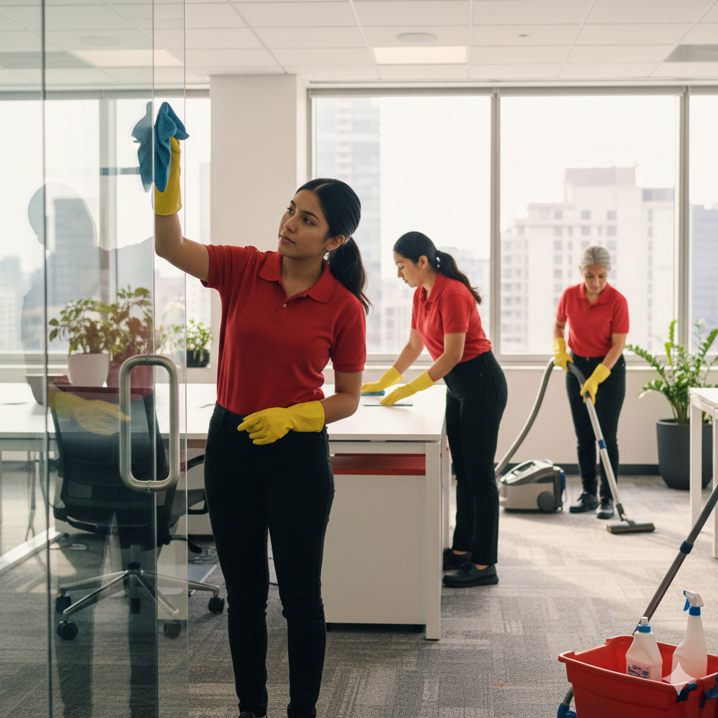 Three women cleaning an office with glass walls, wearing red shirts and yellow gloves, using cleaning cloths and vacuum cleaner, with large windows and cityscape in the background.
