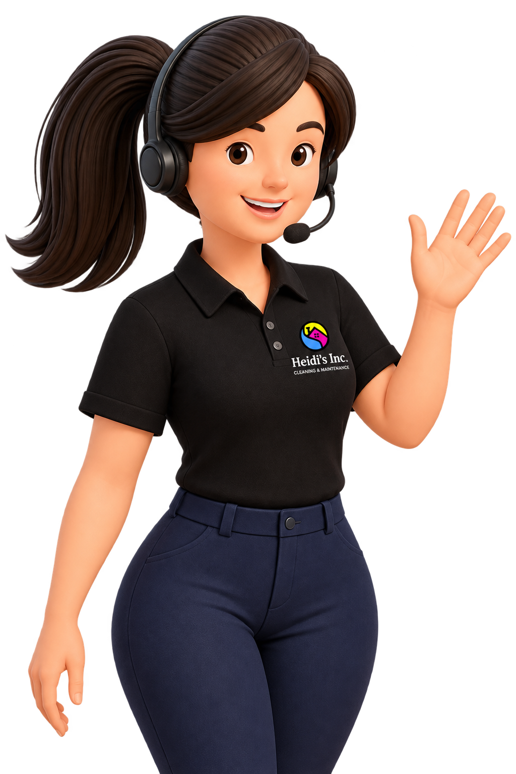 Animated woman wearing a headset and a black polo shirt with a logo for Heidi's Inc. cleaning and maintenance, waving and smiling. showing that Heidis Cleaning offers very friendly customer service, and excellent attention to clients.