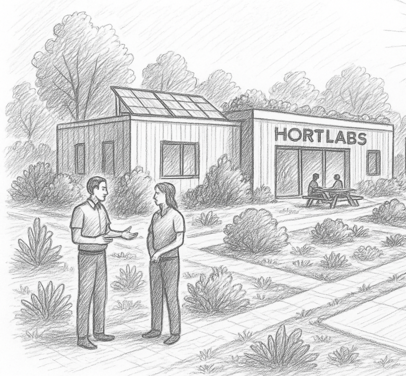 Exterior view of HortLabs facilities with solar panels, landscaped green areas, and two people talking in front of customisable container modules.
