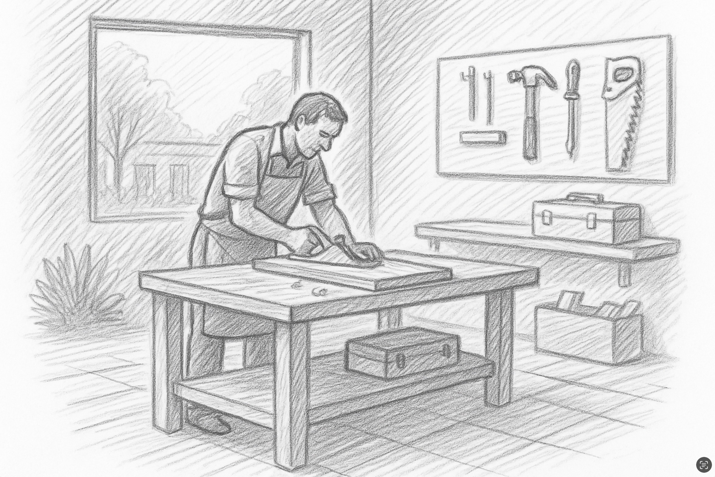 Person working inside a refurbished HortLabs workshop container, equipped with hand tools, natural light, and a functional off-grid design.