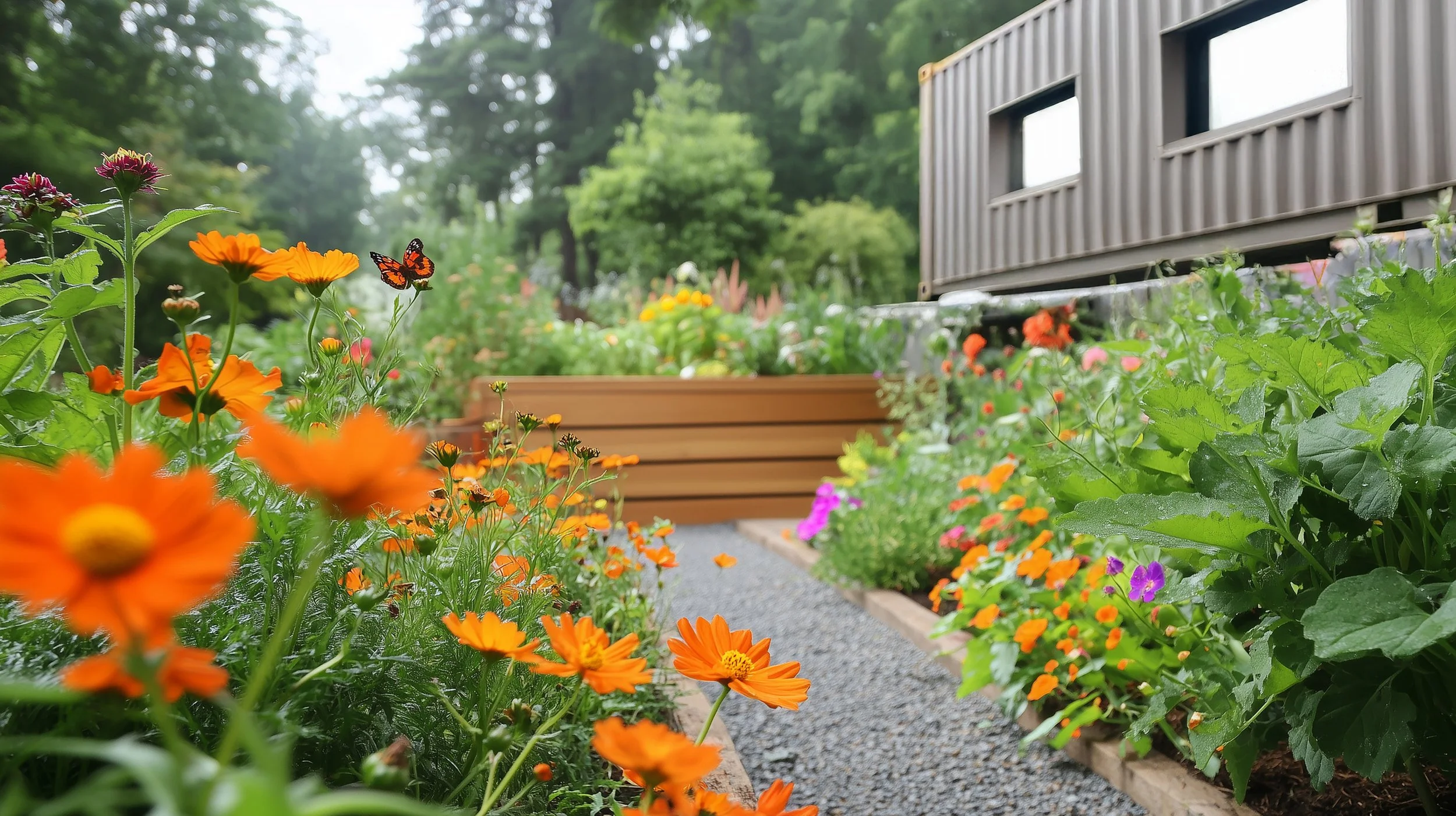 Wildflower garden with butterflies next to a refurbished HortLabs shipping container, blending sustainable design with nature.