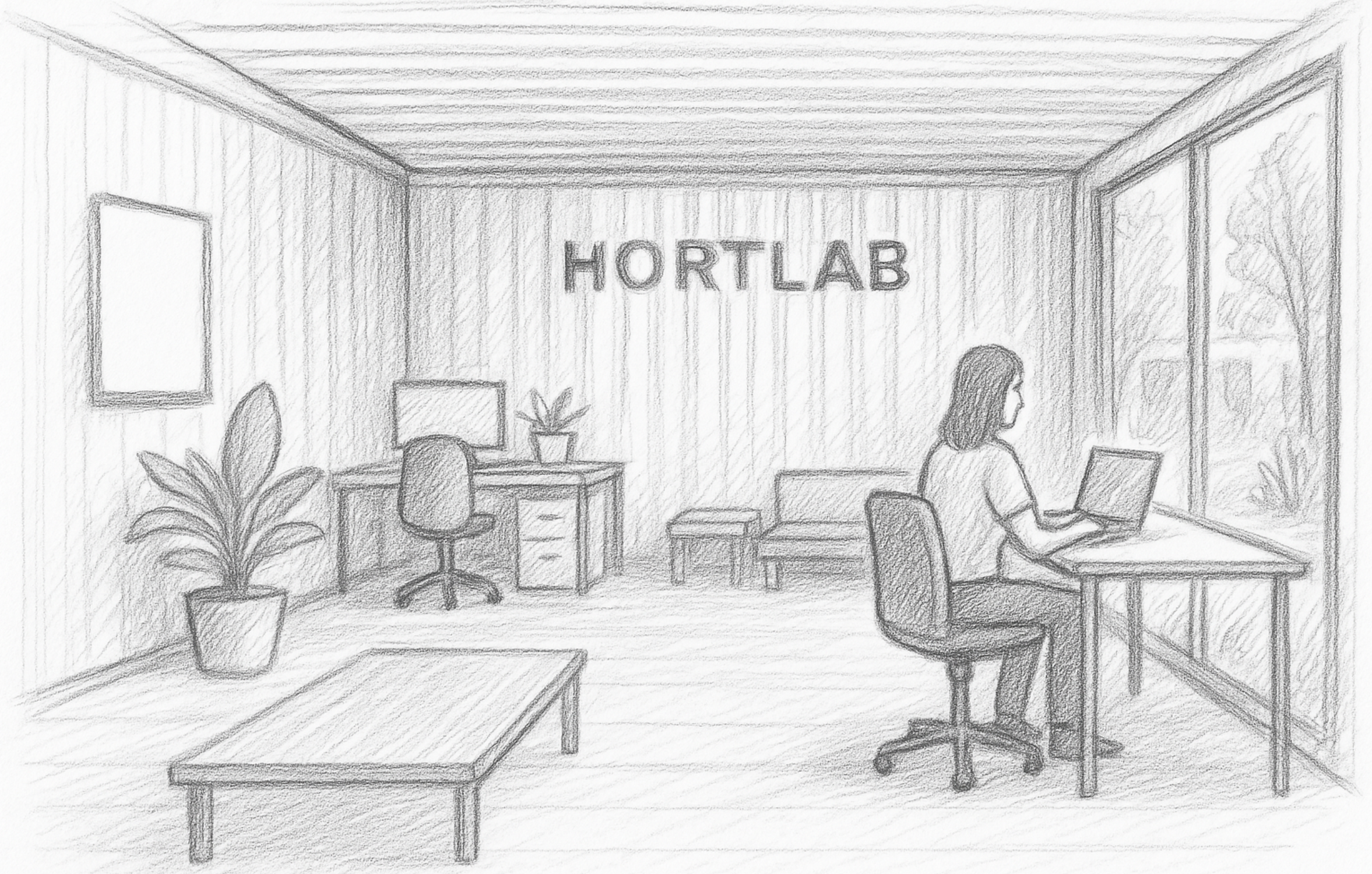 Interior of a refurbished HortLabs office container with natural light, modern furnishings, and a comfortable workspace surrounded by nature.
