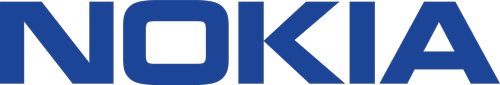 Close-up of the Nokia logo in blue letters on a black background.