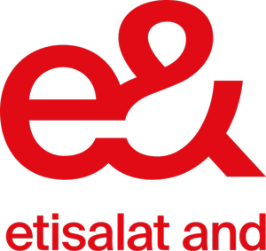 Etisalat logo with a red lowercase 'e' and '&' symbol on a black background, and 'etisalat and' written below in red.