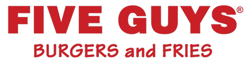 Logo for Five Guys Burgers and Fries with red text on a black background.