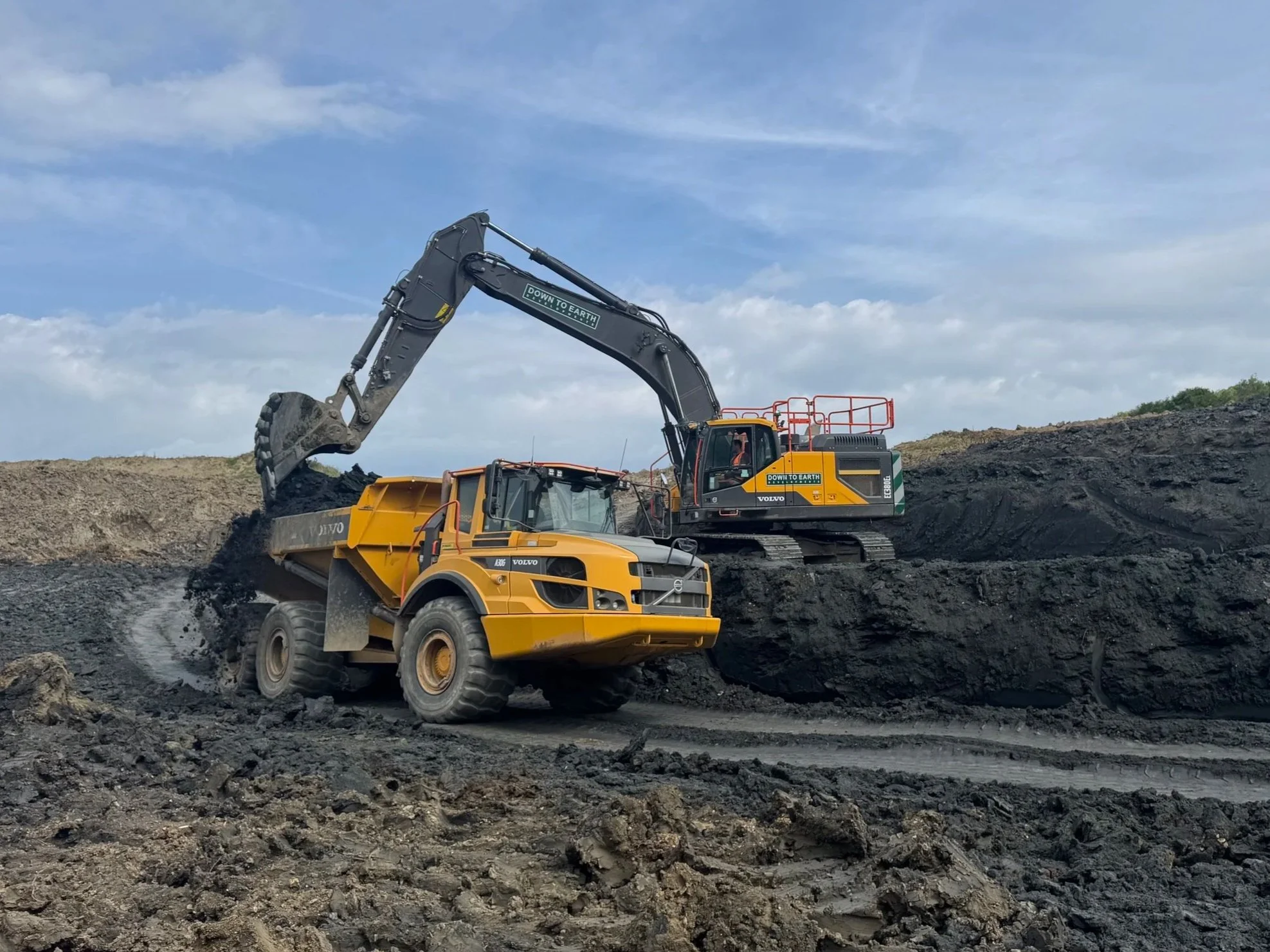 Excavators working on a construction site, moving dark soil during daytime with a partly cloudy sky.