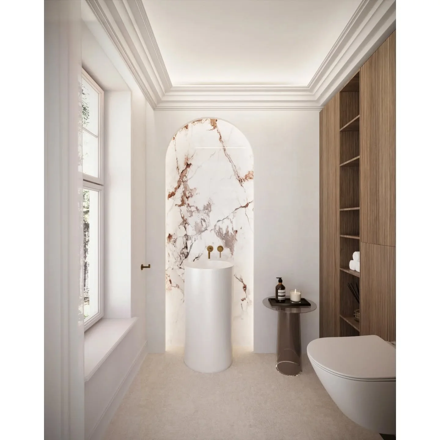 GLENFERNESS AVE | WC
We've wanted to do a feature archway for ages, so here we are! With @florim_ceramiche Breccia porcelain as the feature in the archway, @gessi_official brassware and then bespoke cabinetry and illuminated shelving, this is going