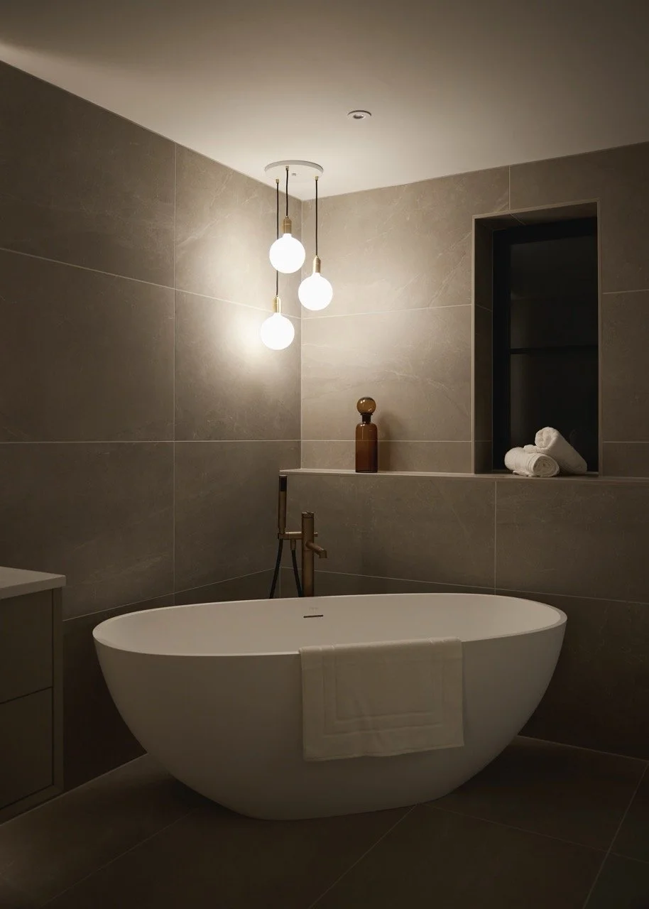 Modern bathroom with a white oval freestanding bathtub, beige tiled walls, a small window with four folded towels, a brown vase on a ledge, and three hanging globe lights.
