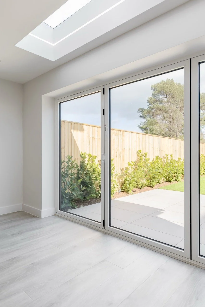 Empty room with large sliding glass doors leading to a backyard with wooden fence and bushes, and a skylight in the ceiling.