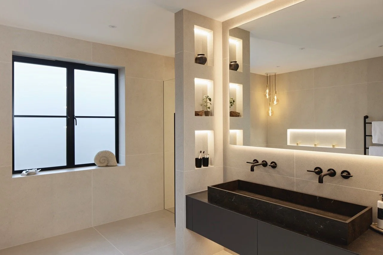 Modern bathroom with a large frosted window, built-in wall shelving with decorative vases and plants, black sinks, and contemporary lighting.