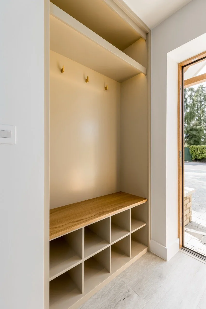 Empty built-in entryway bench with storage cubbies and hooks in a modern home