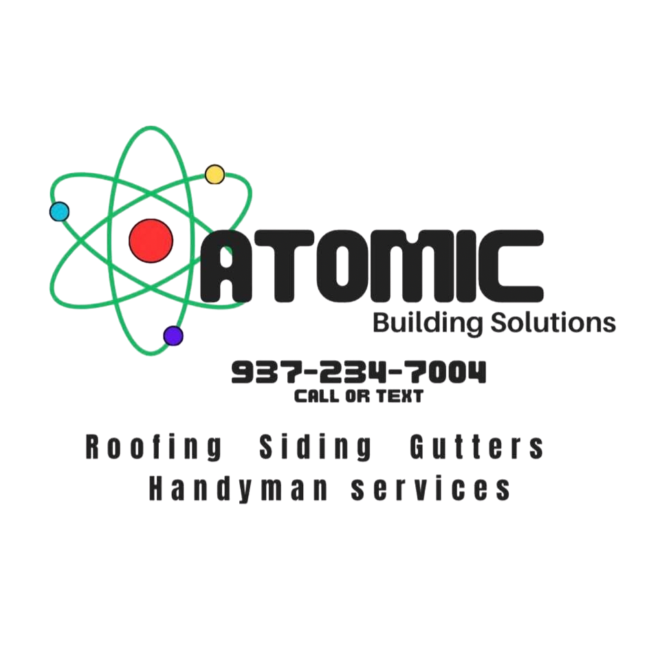 Logo for Atomic Building Solutions, featuring an atom icon with orbiting electrons, company name in bold black letters, and contact information along with services like roofing, siding, gutters, and handyman services.