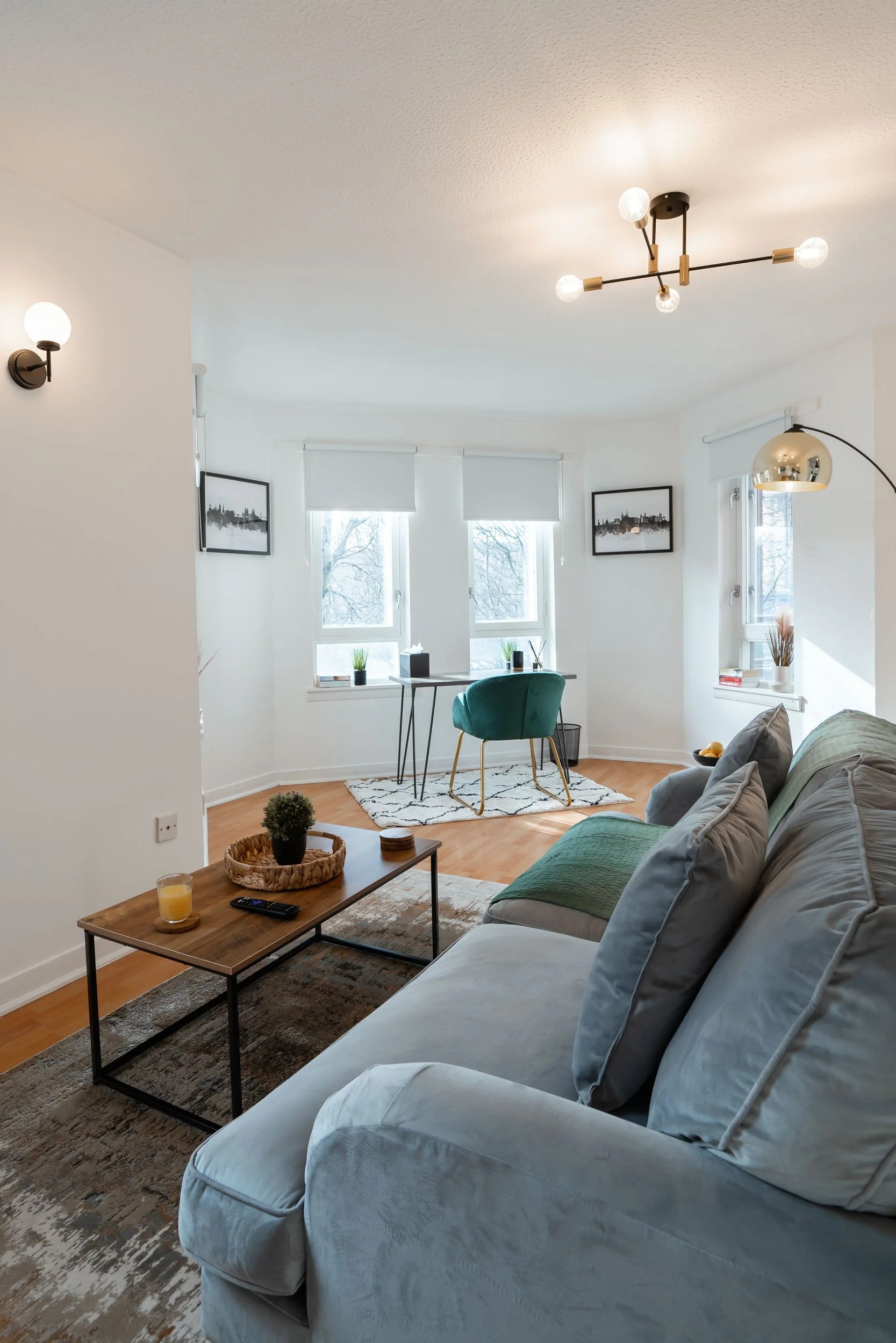 Living room with white walls, wooden floor, and modern lighting fixtures. Features a gray sofa with pillows, a wooden coffee table with a plant, remote, and drink. A window with white blinds, double-pane glass, and black-and-white artwork on the wall