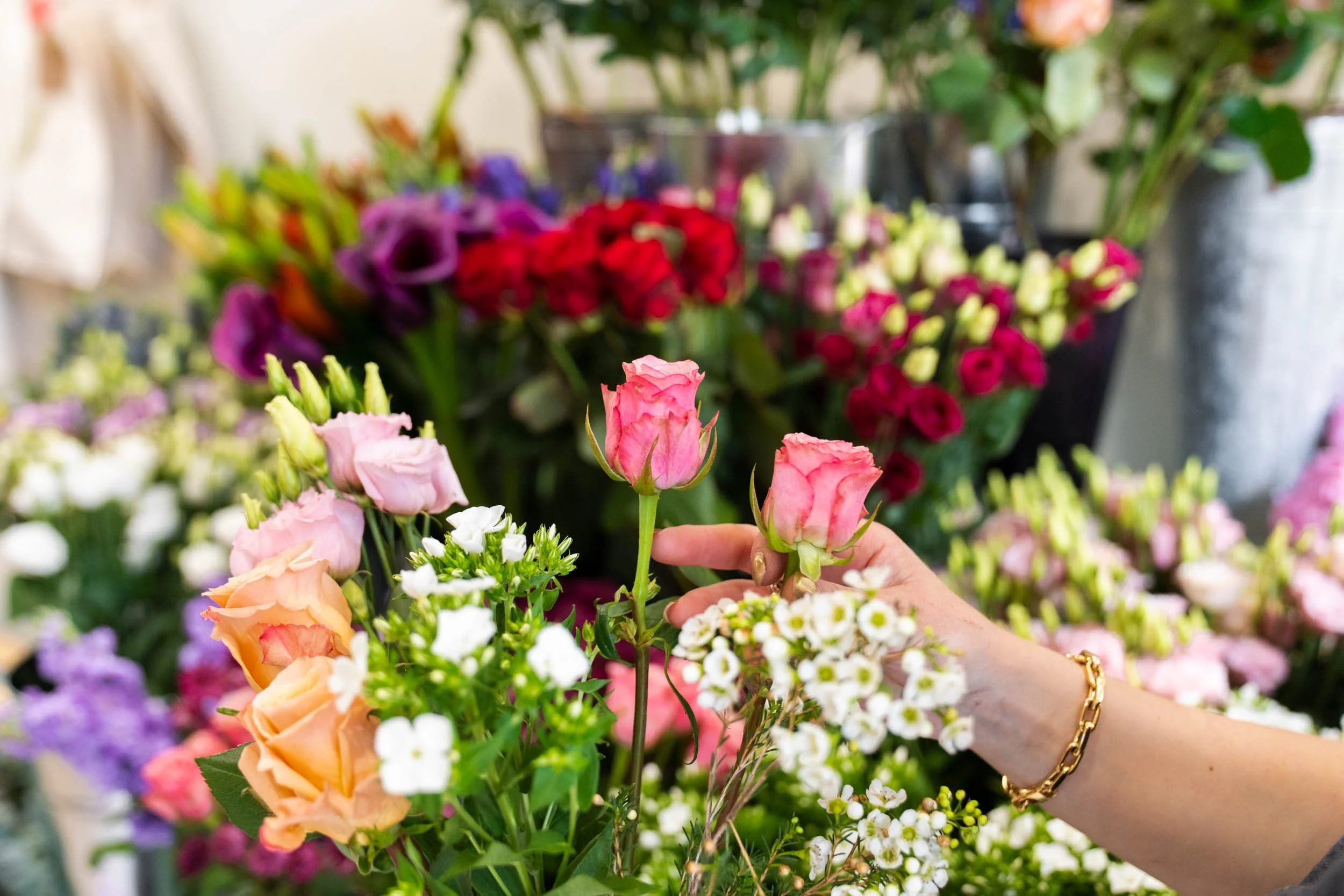 Hand picked flowers with roses, and tulips