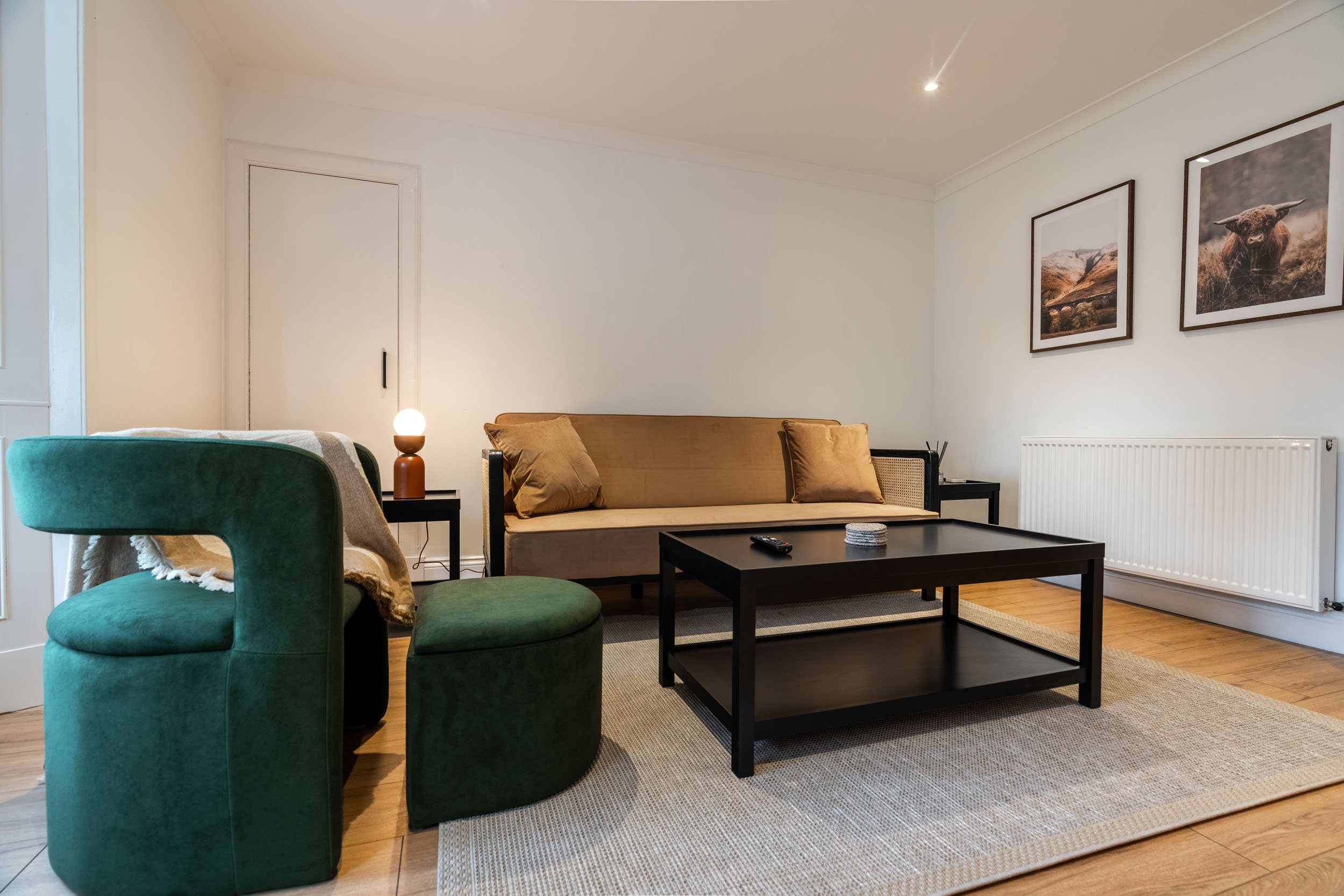 Living room with green chair and ottoman, beige sofa, black coffee table, side table with lamp, framed animal pictures on white wall, radiator, hardwood floor, area rug.