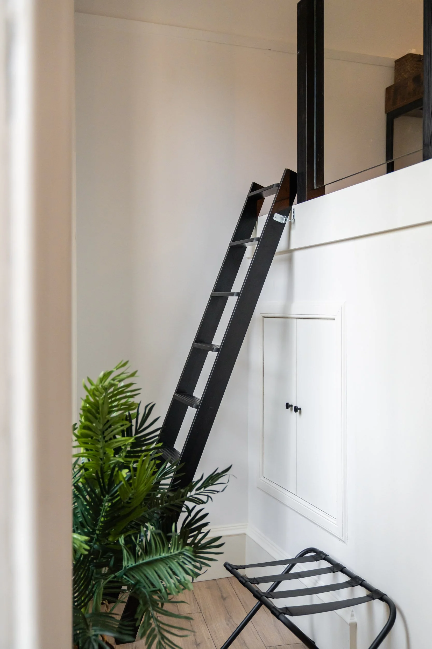 Interior of a room with a black ladder leaning against a white wall, a potted plant, and a small black luggage rack on a wood floor.