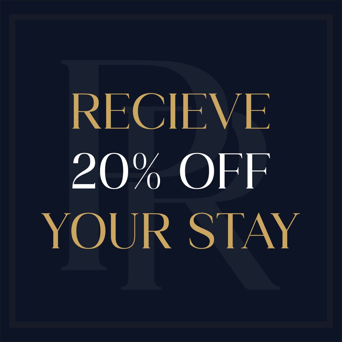 A promotional graphic offering 20% off for staying, with gold and white text on a dark blue background.