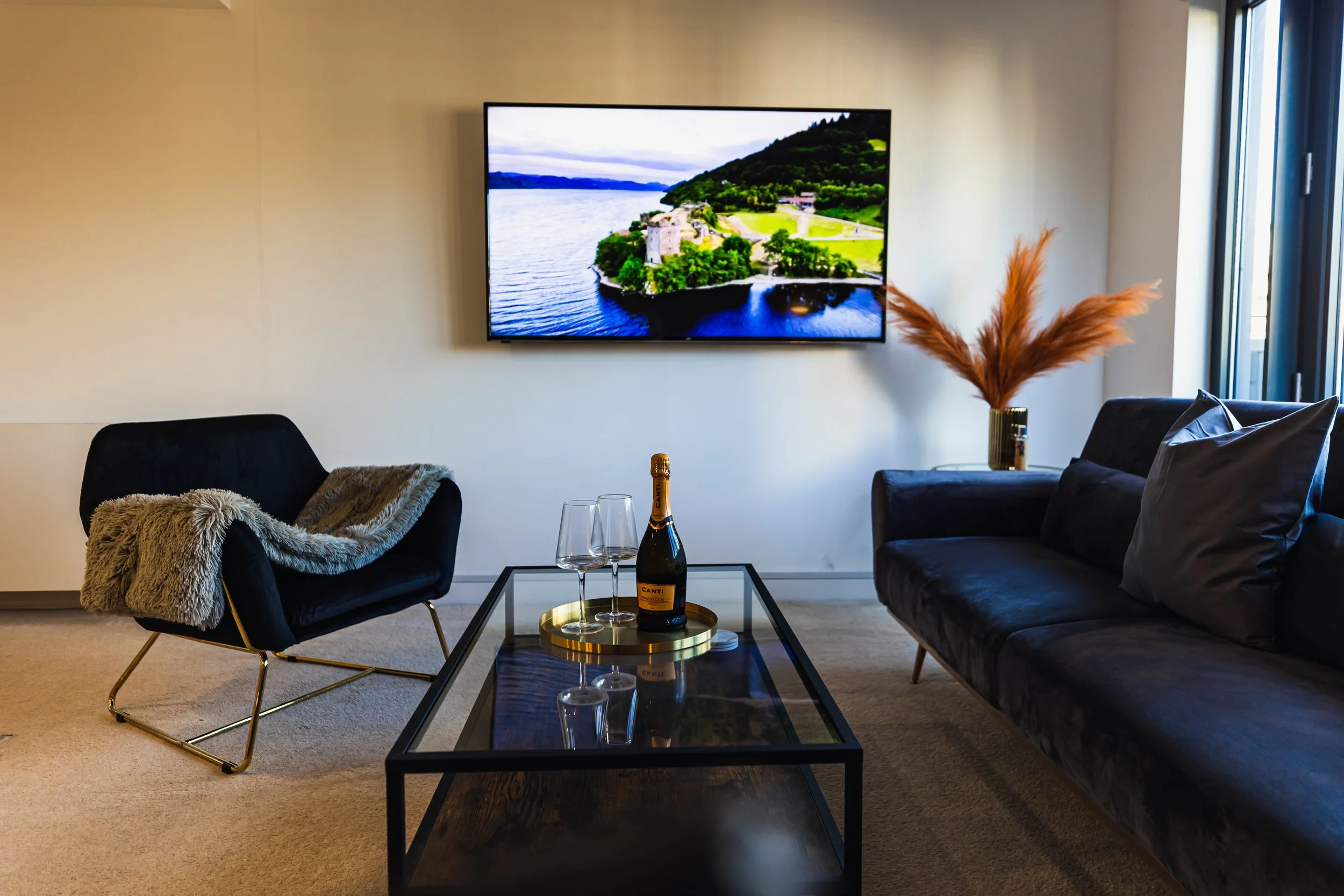 Modern living room with black velvet sofa and matching armchair, a coffee table with a bottle of sparkling wine and two glasses, a wall-mounted flat-screen TV displaying a landscape, a decorative vase with orange pampas grass, beige carpet, and natur