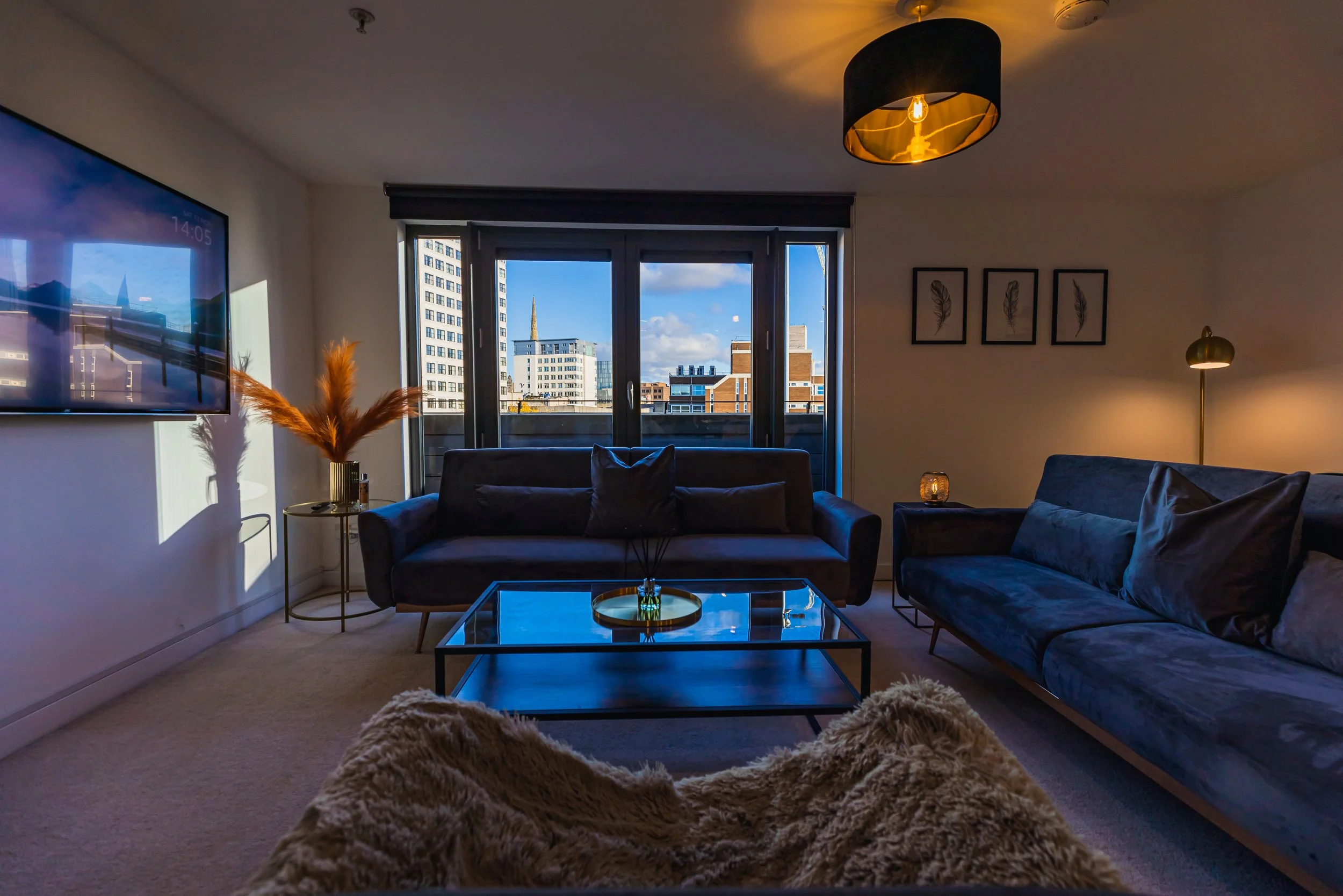 Living room with two dark blue sofas, a glass coffee table, and a large window showing city buildings. A flat-screen TV is mounted on the wall, and there is a black ceiling light fixture. Decor includes framed feather prints, a floor lamp, a small la