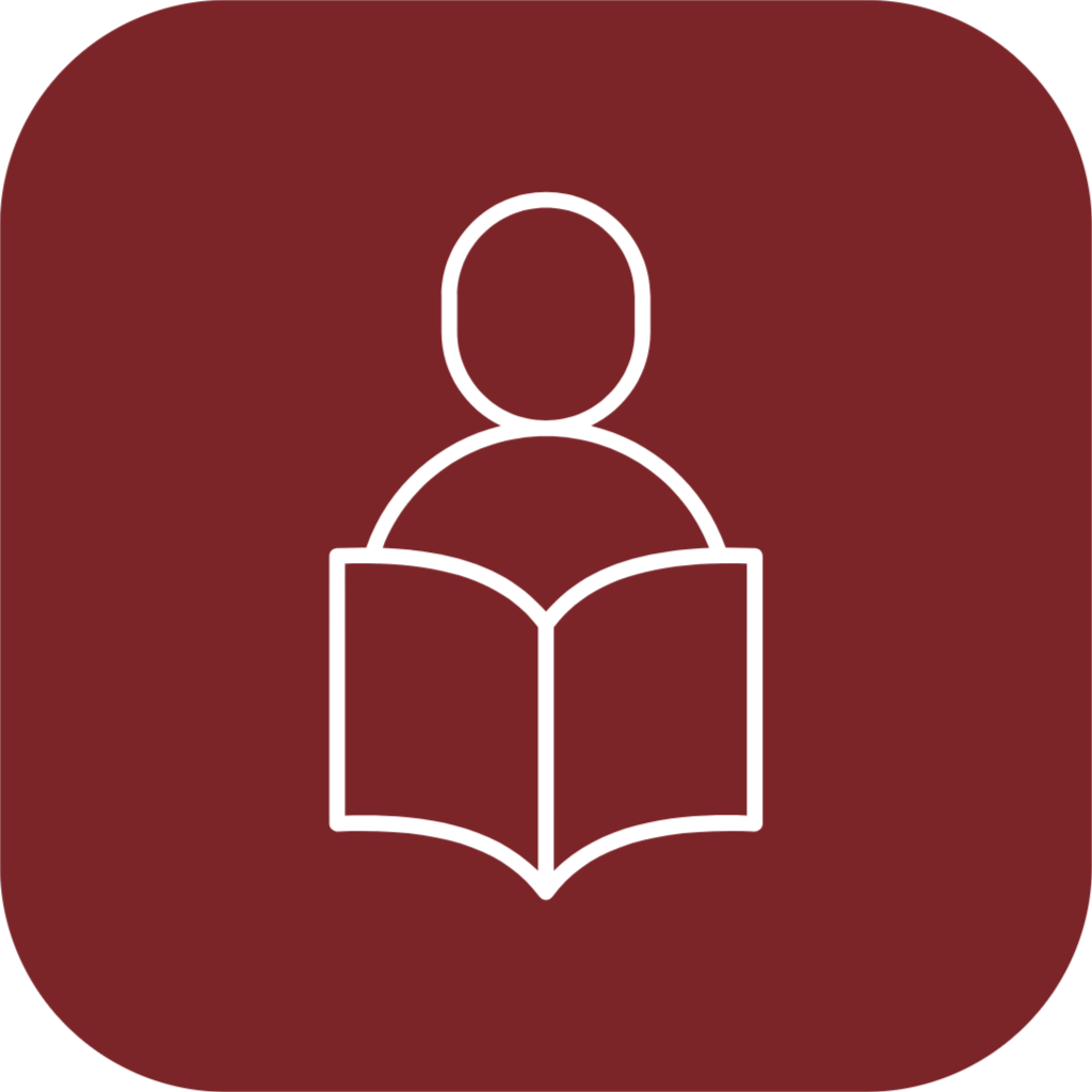 Icon of a person reading a book, outlined in white on a dark red background.