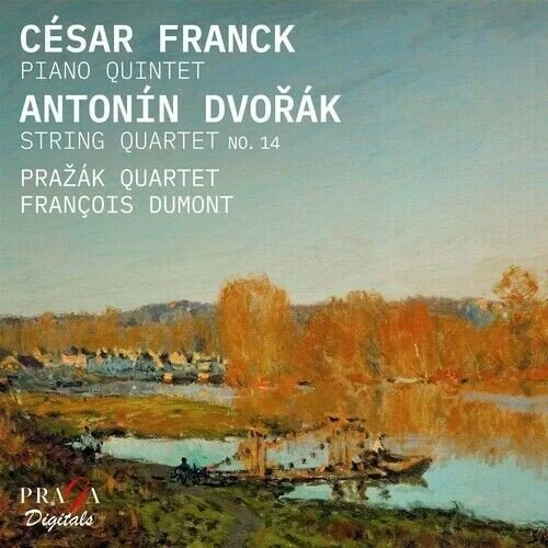 Cover of a music album featuring a landscape painting with trees and a river, listing performers César Franck, Antonín Dvořák, and François Dumont.