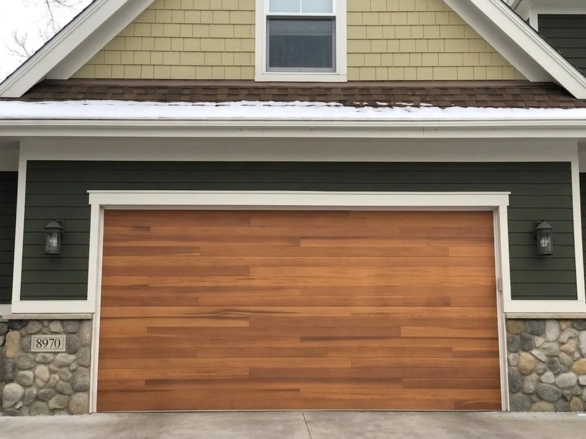 Front view of a garage with a wooden door, stone accents at the bottom, and a house with green and beige siding and a small window above. There are two outdoor wall-mounted lights on each side of the garage door and the house number 8970 is visible o
