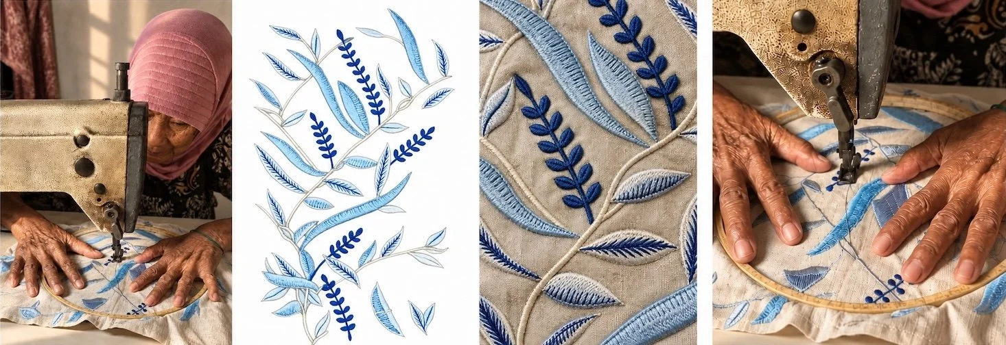 HYPATIA artisan Mrs Ecah, eighty, embroidering the blue leaf-and-vine motif on a vintage Sulam Mesin machine: the flat design, the finished embroidery on linen, and her hands guiding the hoop.