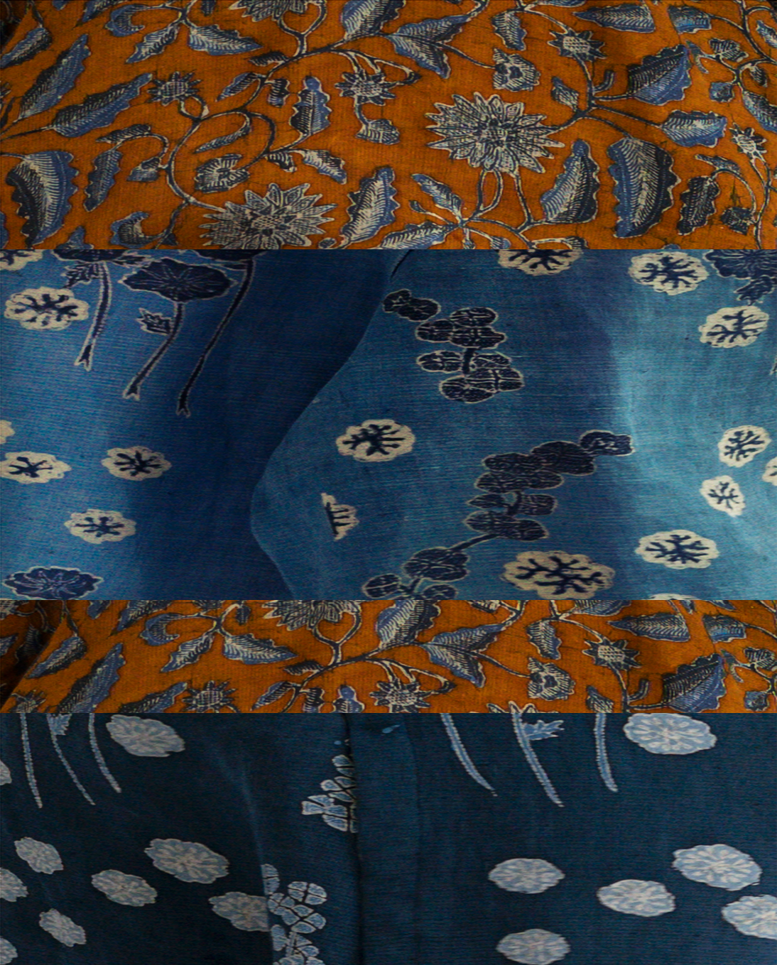 Close-up of two HYPATIA Batik Tulis fabrics: a rust-orange fabric with a hand-drawn blue and cream floral motif, and a deep indigo fabric with white hand-drawn floral clusters shown in soft folds, each captured in two close-up details of the pattern.