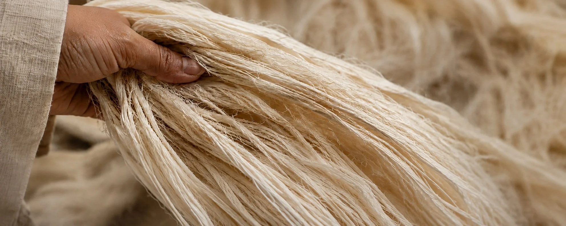 Close-up of a hand holding a thick hank of pale, glossy raw pineapple leaf fibre for HYPATIA Serat, with more fibre drying behind.