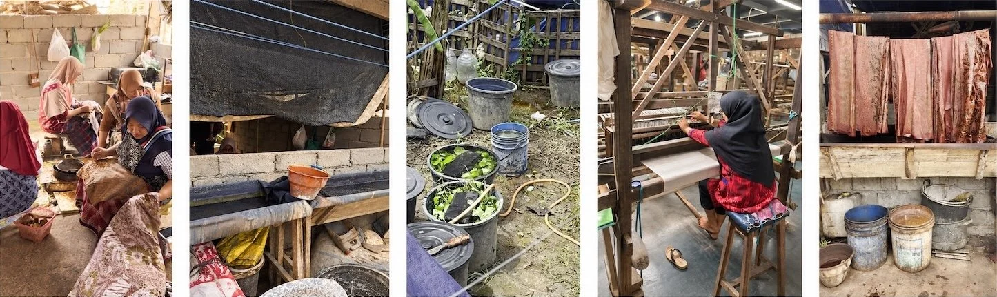 HYPATIA Batik Tulis process in five panels – women waxing cloth in a village workshop; dye trough under black shade net; fresh green leaves steeping in buckets; weaver at a wooden loom; rose and rust waxed batik hanging above a trough
