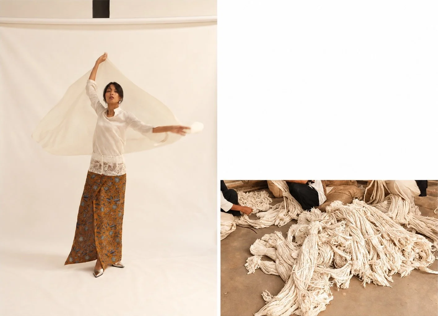 Model in motion with a length of HYPATIA Serat cloth flowing overhead, beside hands bundling raw pineapple fibre on the workshop floor