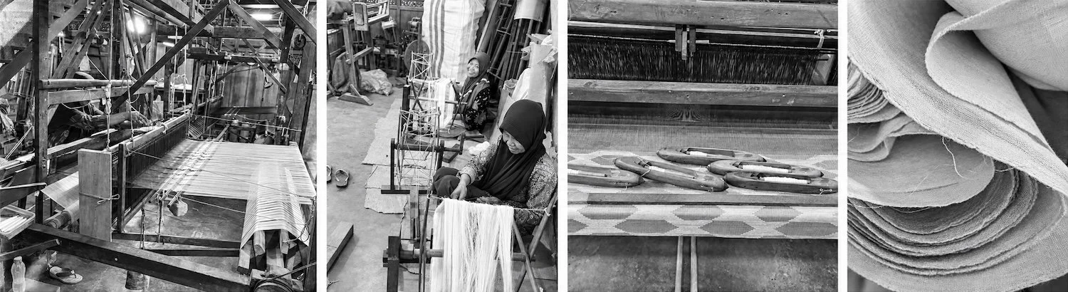 HYPATIA Serat – A Banner of four Black-and-white views of Indonesian handloom weaving: warp yarns on a wooden loom, women winding yarn from skeins, boat shuttles on patterned cloth, soft folds of woven fabric