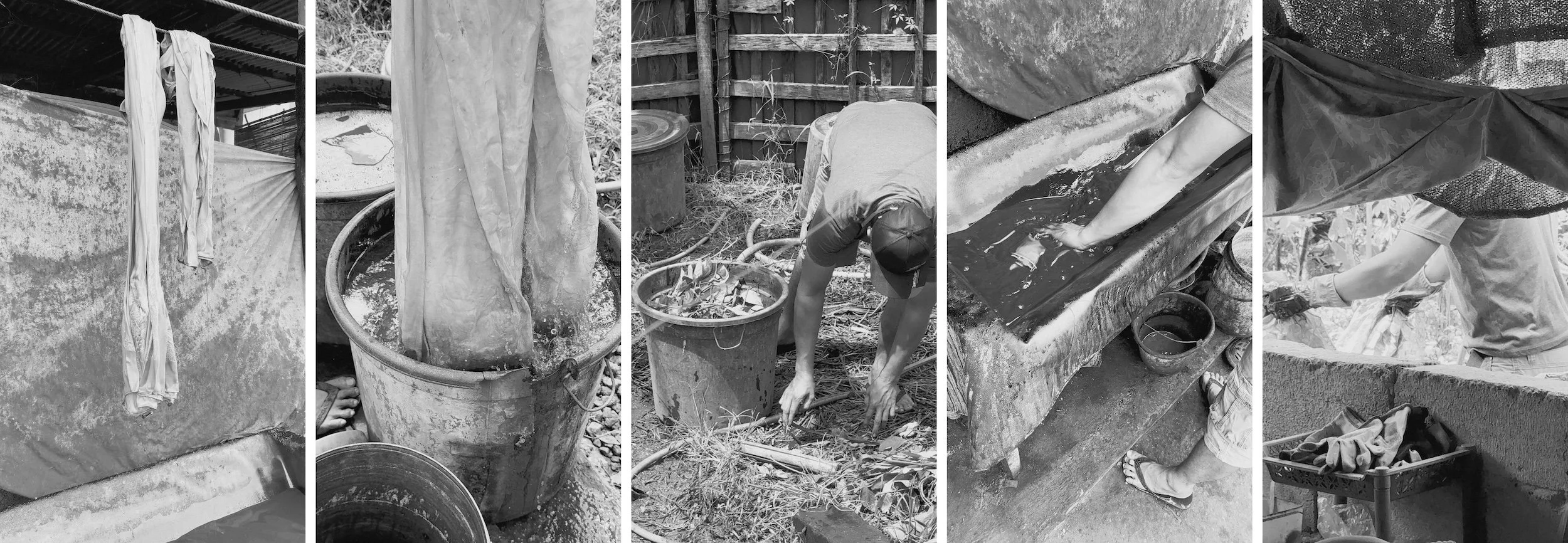 HYPATIA Process, five-panel hand-dyeing sequence: cloths drip-drying over a dye vat, fabric dipped in a bucket of pale liquid, hands working dried plant stems, a forearm dipping into a dye trough, hands adjusting fabric under a mesh-covered vat