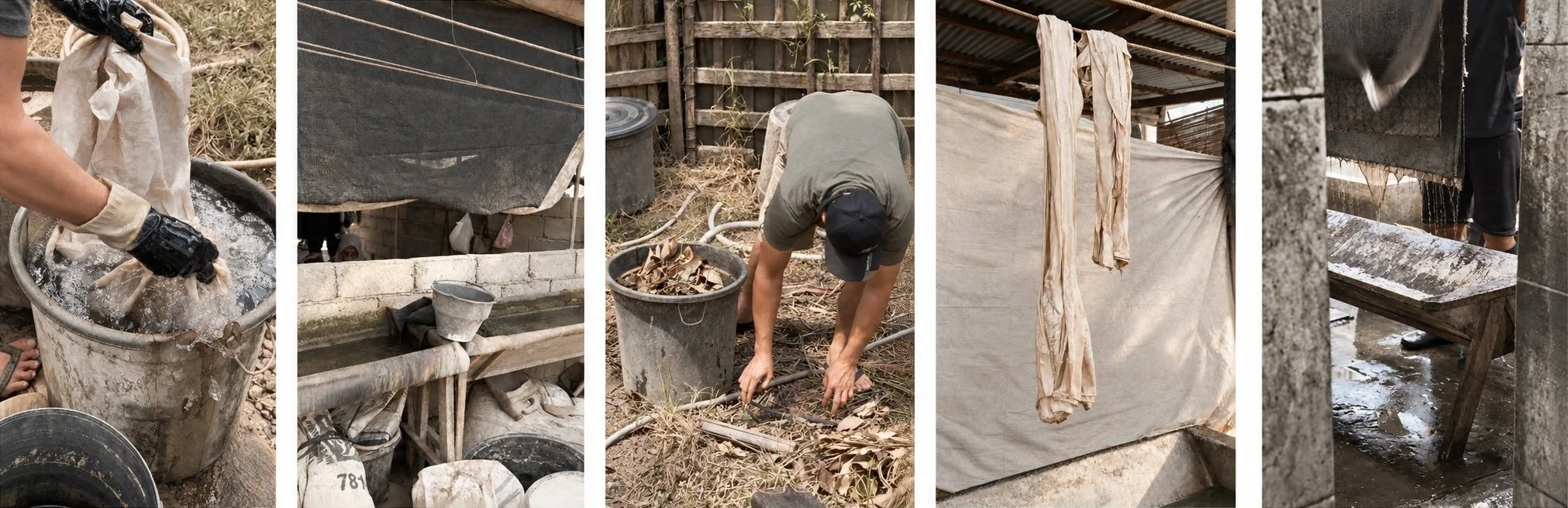 Five-panel dye process banner: wringing wet cream fabric, a straining screen over a stone trough, gathering dried leaves and bark, fabric drying over a trough, and dye dripping through a mesh frame.