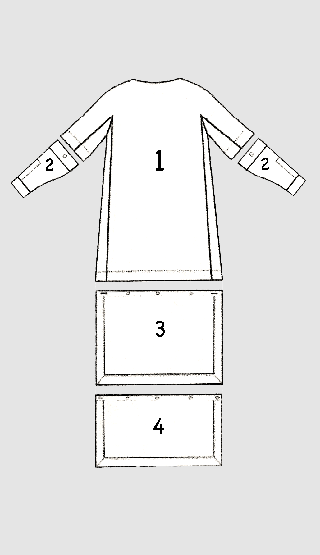 Technical flat sketch of a HYPATIA 3-Way Combinable Dress, showing the base garment marked '1', two swappable sleeve extensions marked '2', and two detachable skirt panels marked '3' and '4' for a shorter or longer length.