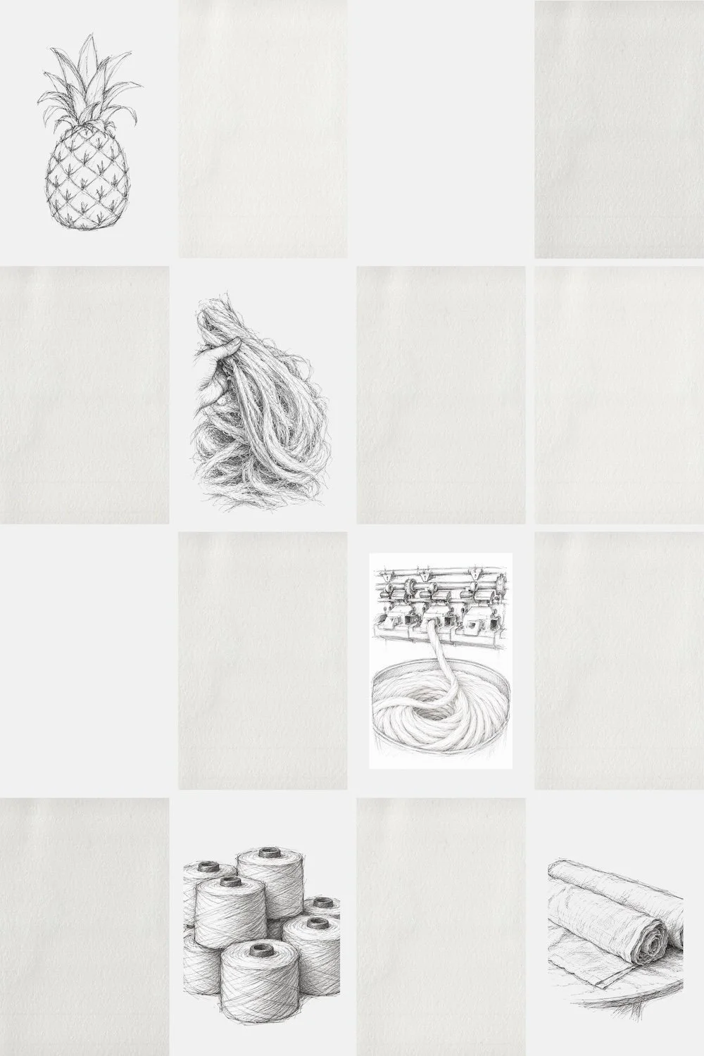 HYPATIA Serat – Grid of sixteen panels on cream textured paper, five with pencil sketches tracing the journey: pineapple, hand lifting raw leaf fibre, sliver drawn into a can, wound yarn cones, rolls of cloth