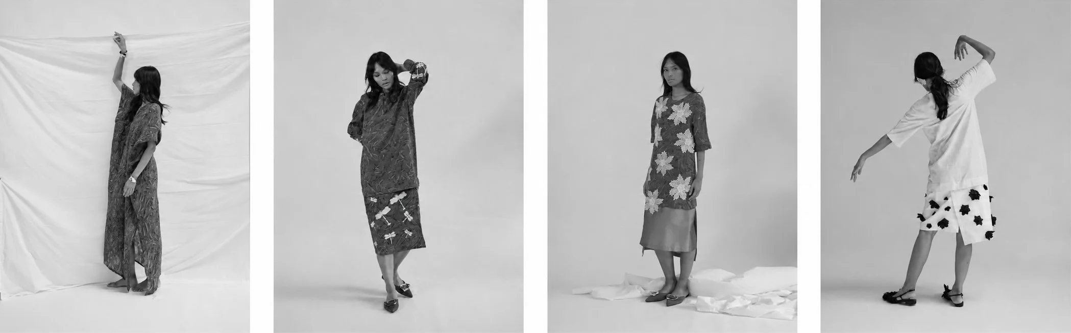 HYPATIA Original 17 – Four black-and-white portraits, each wearing a different piece: a long printed kaftan, a dragonfly-print top and skirt, a floral hand-embroidered dress, and a textured piece caught mid-movement