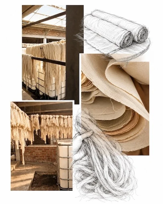 HYPATIA moodboard banner mixing photography and hand-drawn sketches - pineapple-cotton thread drying in the workshop, folded fabric swatches, and sketched studies of rolled cloth and raw fibre held in a hand.