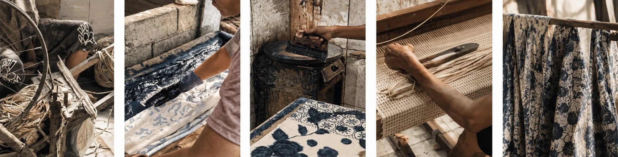 A five-panel process mosaic: a bicycle-wheel reel wound with fibre; a gloved hand dyeing batik-patterned cloth indigo; a hand dipping a brush into heated dye; a forearm drawing fibre across a cane frame; and finished indigo cloth hanging to dry.