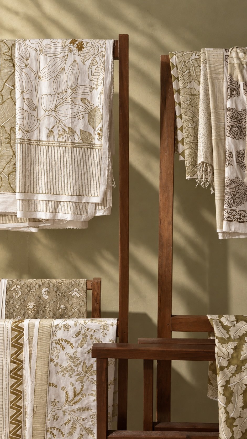 Lengths of Hypatia Batik Tulis hanging on wooden rails against a warm wall - olive-gold and cream patterns of leaves, flowers, stripes and zigzags, each drawn by hand.